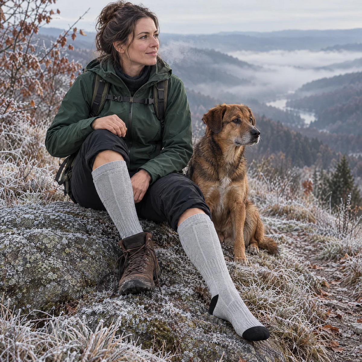 Hiker with her dog taking a break on a frosty rock in heated knee-high socks