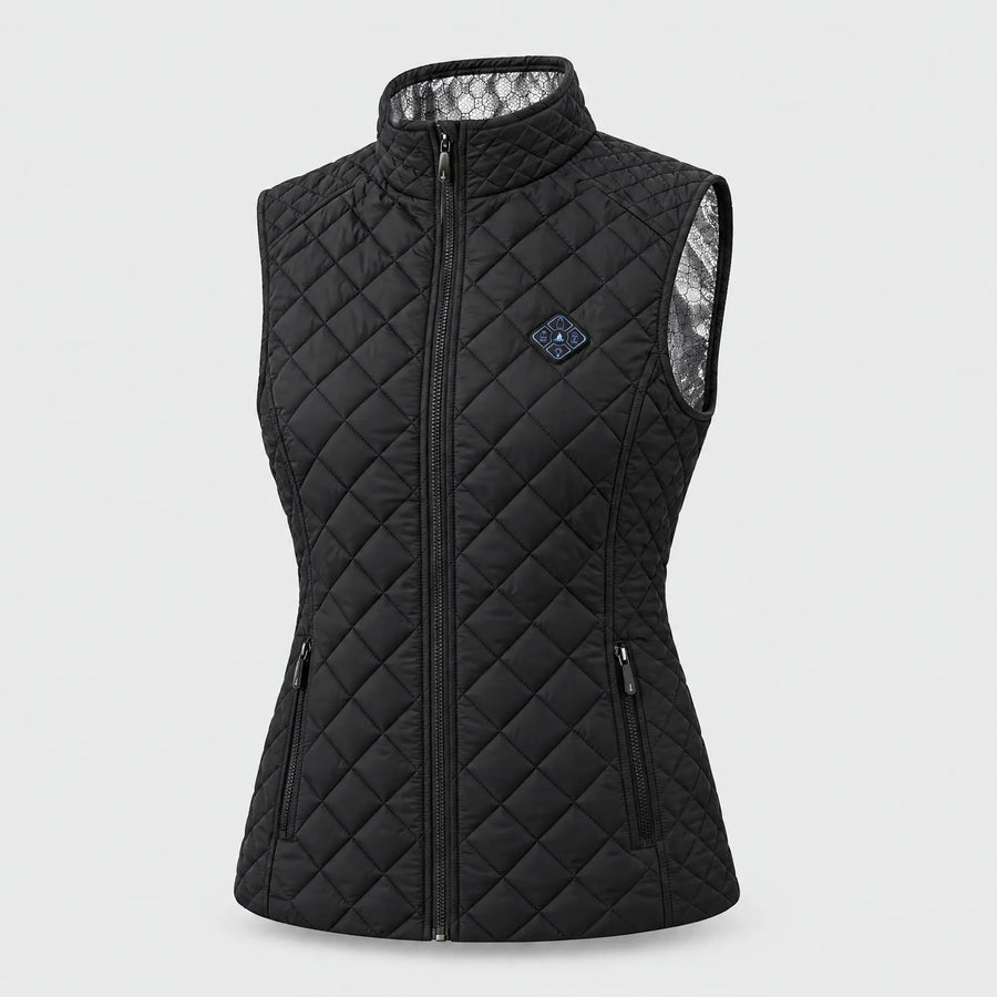 Women's heated quilted vest in black with stand-up collar and diamond quilting