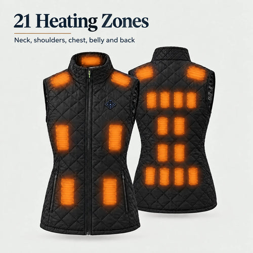 21 heating zones of the women's heated vest: neck, shoulders, chest, belly and back