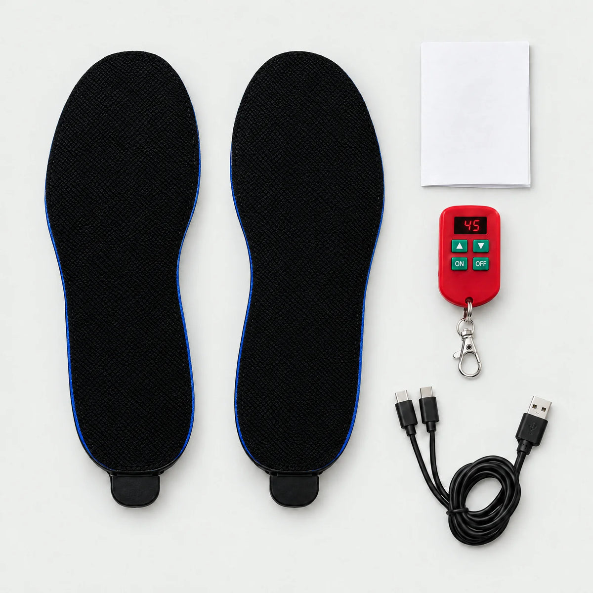 What's included: pair of heated insoles, remote control, charging cable with two USB-C plugs and instructions