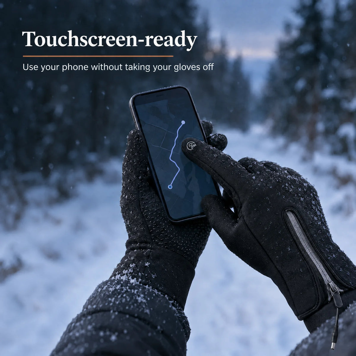 Using a phone in a snowy forest while wearing the gloves