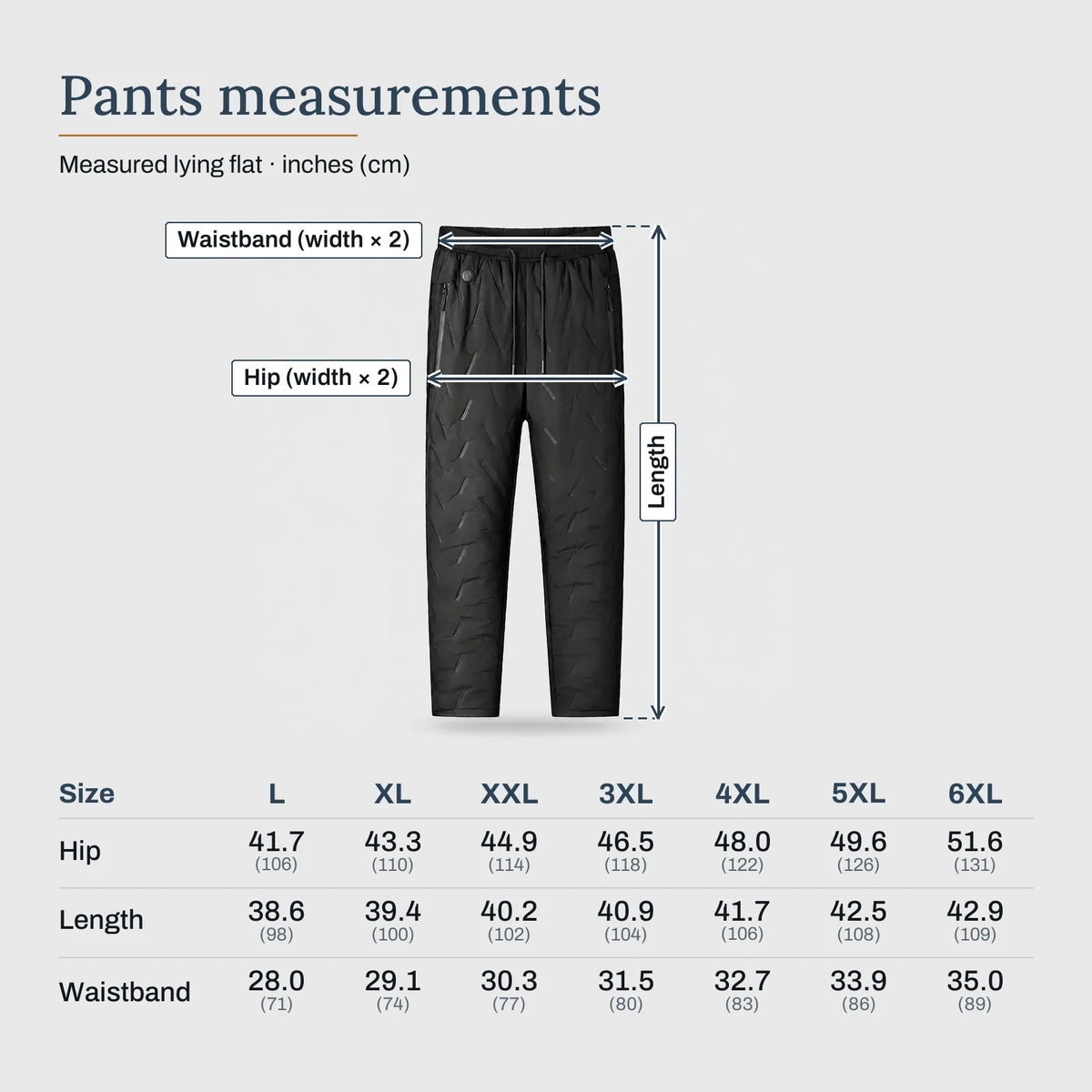 Pants measurements – Heated Winter Pants with 10 Heating Panels