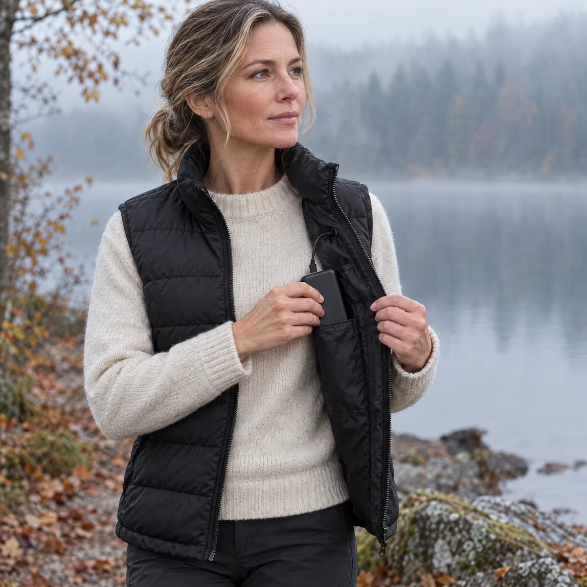 Woman by a misty autumn lake slipping the 10,000 mAh power bank into the inner pocket of her heated vest
