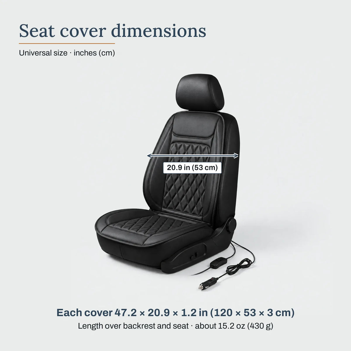 Seat cover dimensions – Heated Car Seat Cover, 12 V