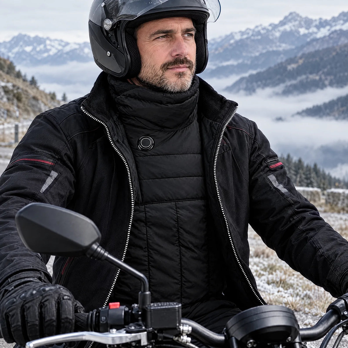 Motorcyclist at an alpine pass road wearing the neck & chest warmer under his open jacket, collar up