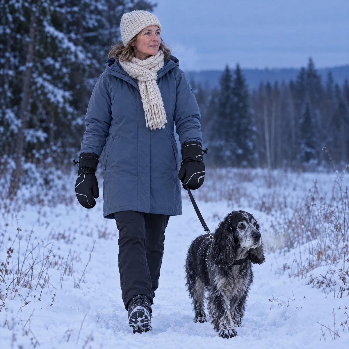 Woman in the heated mittens walking her dog in the snow