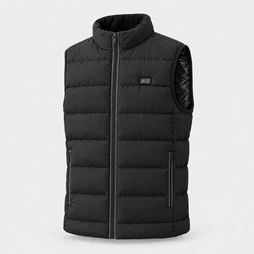 Alpenwarm heated vest in black: quilted, with a fleece-lined stand collar and grey zip trims
