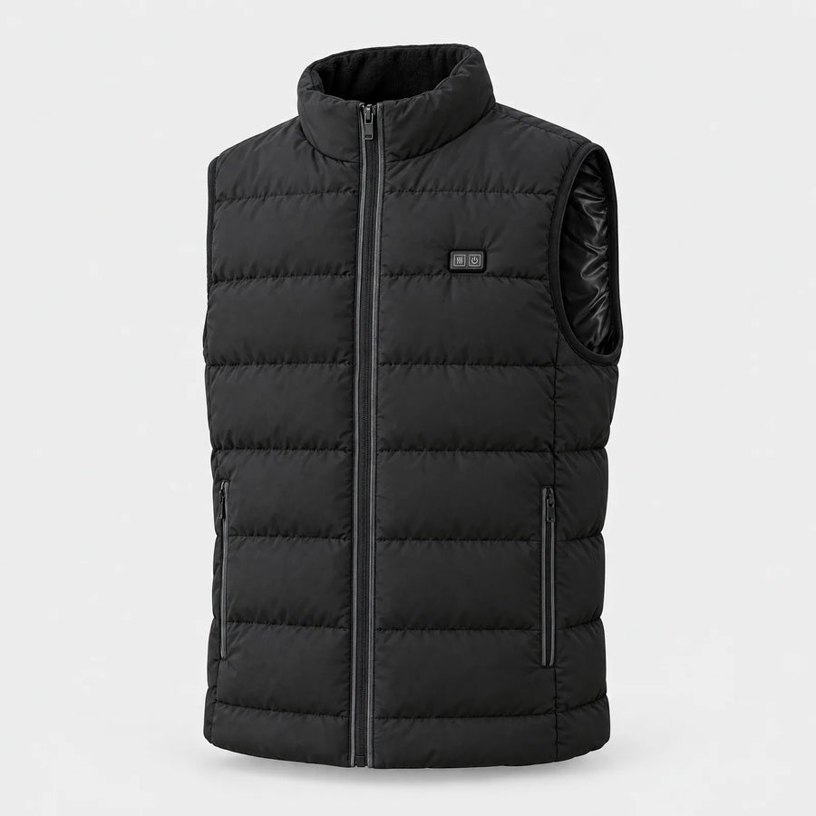 Alpenwarm heated vest in black: quilted, with a fleece-lined stand collar and grey zip trims