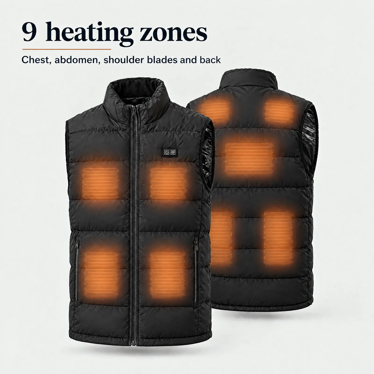 Heated vest front and back with nine heating zones on chest, abdomen, shoulder blades and back