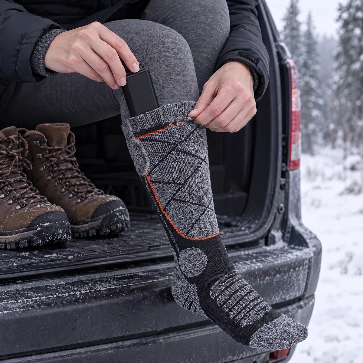 Battery going into the cuff pocket of the heated sock at a car tailgate